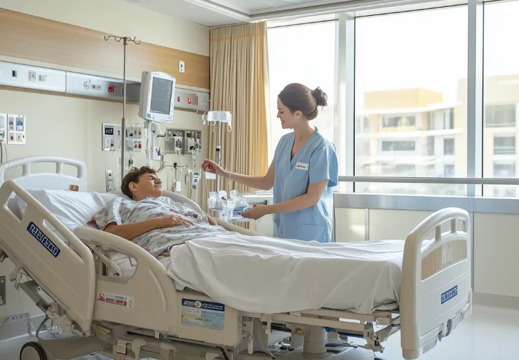 infirmière qui apporte du soin a un patient allongé sur son lit d'hôpital 
