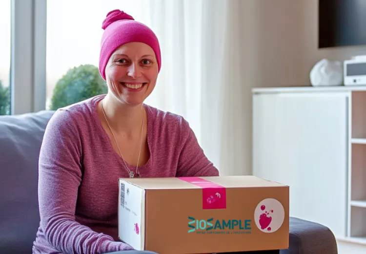 femme qui sourit atteinte du cancer du sein avec un colis Bio Sample