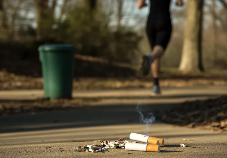 Image d'une sportive qui court derrière des mégots de cigarettes