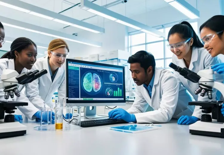 Une photo illustrant des avancées scientifiques, comme un laboratoire de recherche ou un professionnel analysant des données de santé.