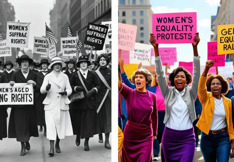 image de manifestation historique pour les droits des femmes, comme les marches pour le suffrage féminin ou le rassemblement moderne pour l'égalité des sexes.