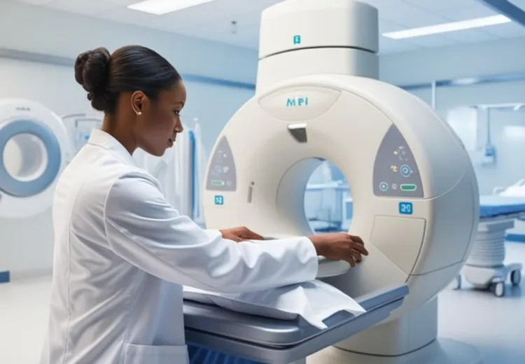 Photo représentant un professionnel de la santé utilisant des équipements médicaux modernes, avec un arrière-plan de salle d'hôpital propre et bien équipée