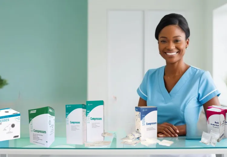 Infirmière avec des compresses médicales 
