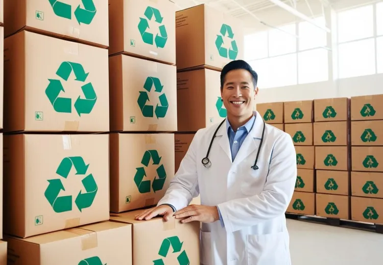Colis dans un entrepôt avec un logo recyclable sur les colis avec un médecin