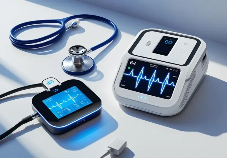 Image de qualité professionnelle montrant des équipements médicaux high-tech (ex. stéthoscope connecté, ECG portable, etc.).