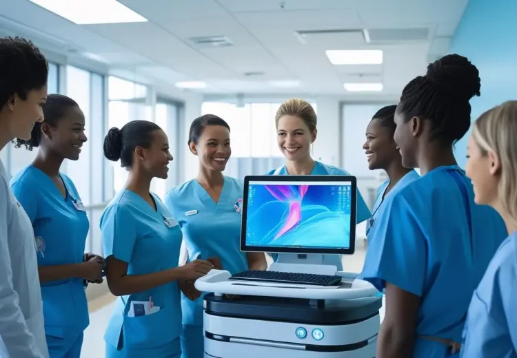 Une photo lumineuse d’un hôpital moderne avec du personnel médical en pleine discussion autour d’un ordinateur ou d’un chariot médical connecté.