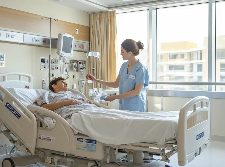infirmière qui apporte du soin a un patient allongé sur son lit d'hôpital 