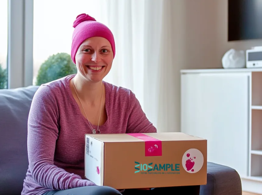 femme qui sourit atteinte du cancer du sein avec un colis Bio Sample