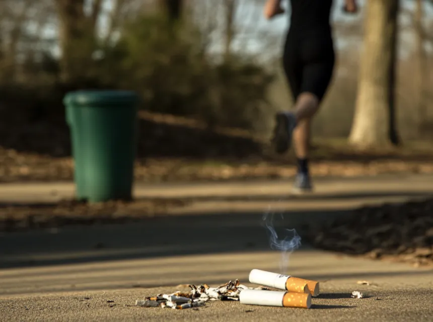 Image d'une sportive qui court derrière des mégots de cigarettes