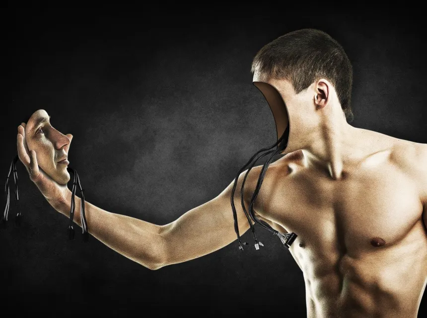 BioSample robot humain saisie son visage dans ses mains