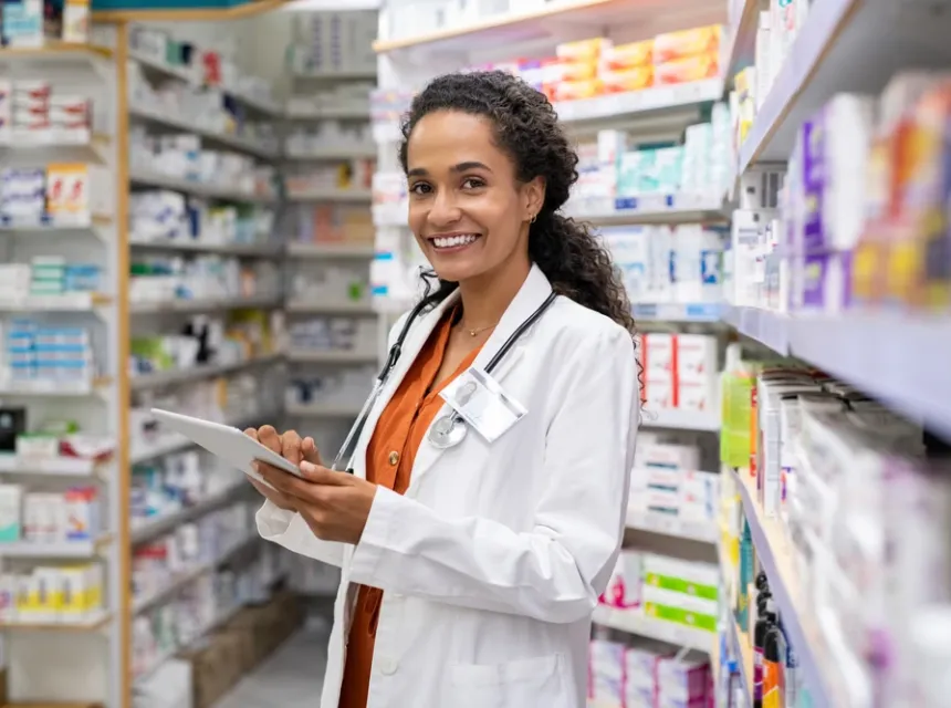 BioSample pharmacienne dans ses rayons regardant l'appareil photo