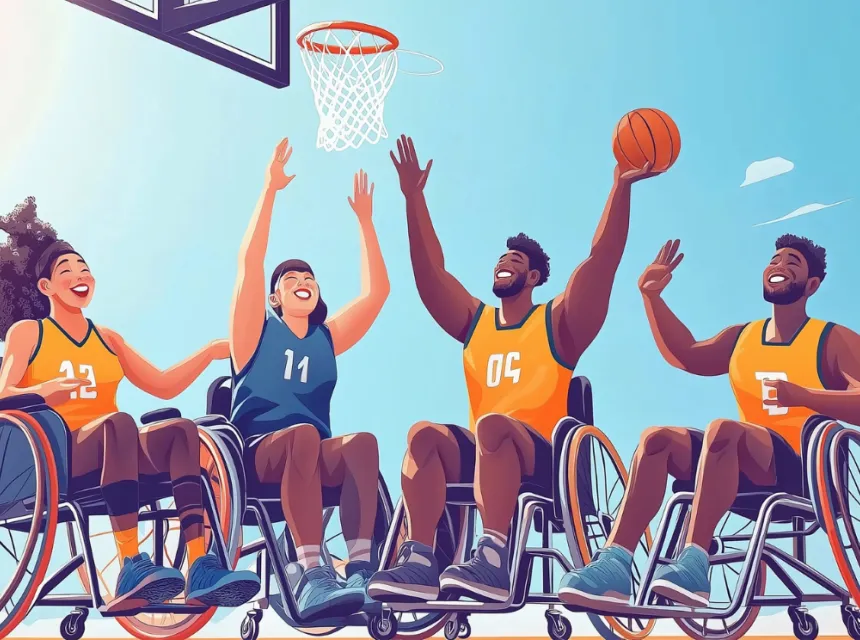 image de plusieurs personnes en fauteuils roulant jouant au basket