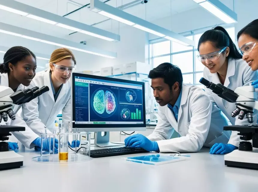 Une photo illustrant des avancées scientifiques, comme un laboratoire de recherche ou un professionnel analysant des données de santé.