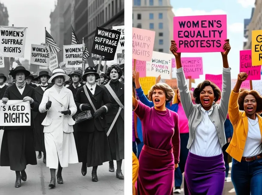 image de manifestation historique pour les droits des femmes, comme les marches pour le suffrage féminin ou le rassemblement moderne pour l'égalité des sexes.