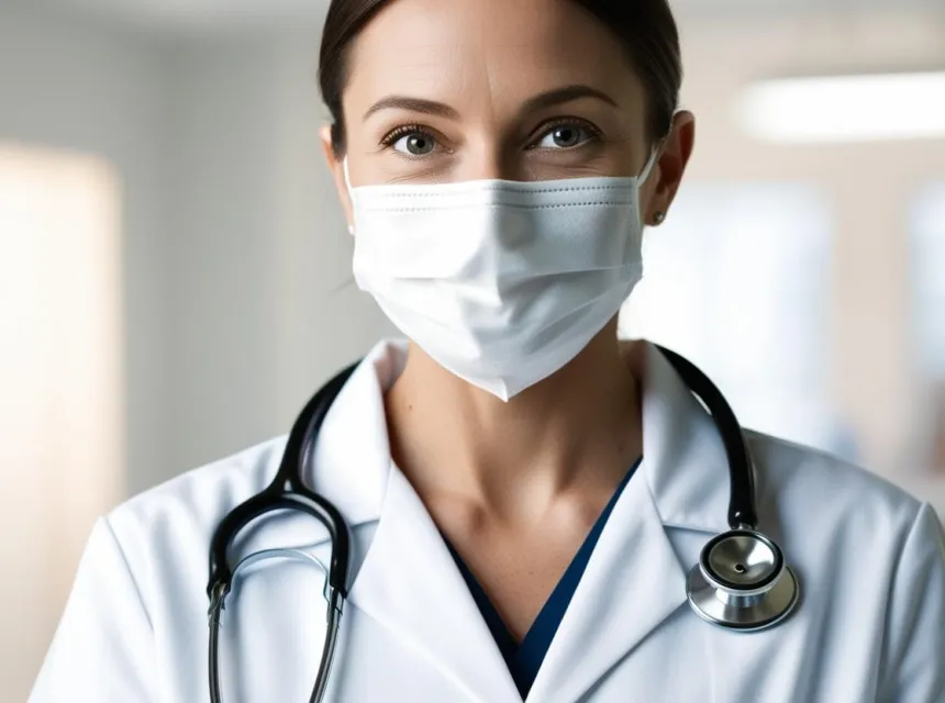 Image d'Un professionnel de santé en blouse, portant un masque FFP2, tenant un stéthoscope