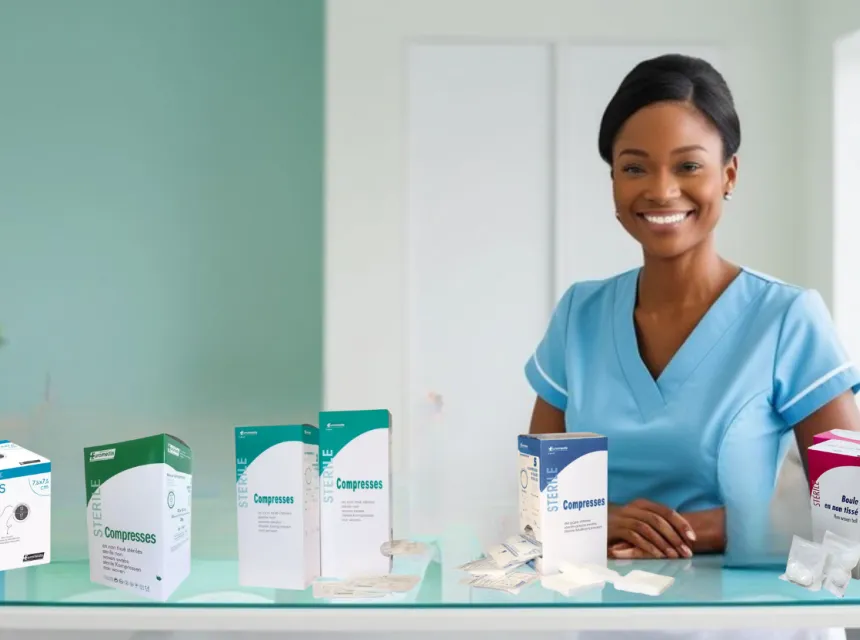 Infirmière avec des compresses médicales 