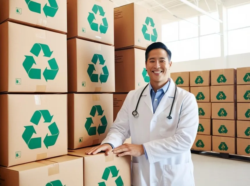 Colis dans un entrepôt avec un logo recyclable sur les colis avec un médecin