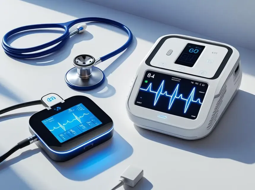Image de qualité professionnelle montrant des équipements médicaux high-tech (ex. stéthoscope connecté, ECG portable, etc.).
