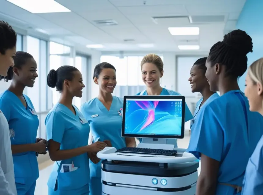 Une photo lumineuse d’un hôpital moderne avec du personnel médical en pleine discussion autour d’un ordinateur ou d’un chariot médical connecté.